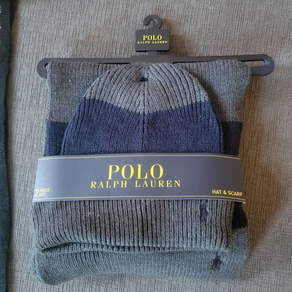 Polo Ralph Lauren Men's Grey & Navy Lambswool 2 Piece Set Hat & Scarf